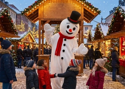 Mascotte de bonhomme de neige géante professionnelle